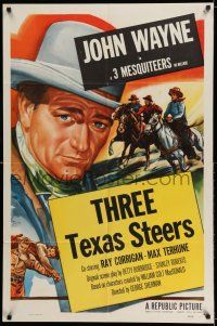 7h444 JOHN WAYNE stock 1sh 1953 great image of The Duke, Three Texas Steers!