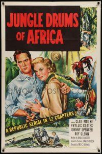 7h447 JUNGLE DRUMS OF AFRICA 1sh '52 Clayton Moore with gun & Phyllis Coates, Republic serial!