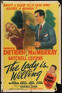 7h470 LADY IS WILLING style A 1sh '42 art of pretty Marlene Dietrich, Fred MacMurray & Baby Corey!