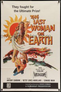 7h487 LAST WOMAN ON EARTH 1sh '60 ultra sexy artwork of near-naked girl & men fighting for her!