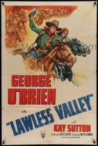 7h492 LAWLESS VALLEY style A 1sh R48 George O'Brien & Kay Sutton on horseback in western action!