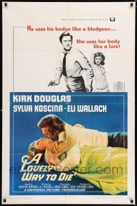 7h524 LOVELY WAY TO DIE 1sh '68 great image of Kirk Douglas romancing Sylva Koscina!
