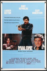 7h533 MALONE 1sh '87 Burt Reynolds is ex-cop, ex-CIA, ex-plosive, Lauren Hutton, Cliff Robertson!
