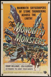 7h577 MONOLITH MONSTERS 1sh '57 classic Reynold Brown sci-fi art of living skyscrapers!