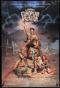 7h606 NATIONAL LAMPOON'S EUROPEAN VACATION 1sh '85 Vallejo art of Chevy Chase, Beverly D'Angelo!