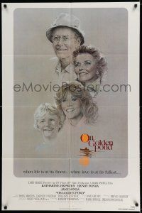 7h628 ON GOLDEN POND 1sh '81 art of Hepburn, Henry Fonda, and Jane Fonda by C.D. de Mar!