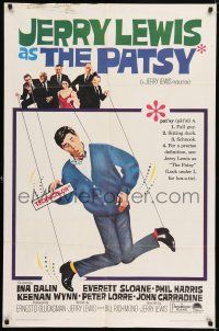 7h640 PATSY 1sh '64 wacky image of Jerry Lewis hanging from strings like a puppet!