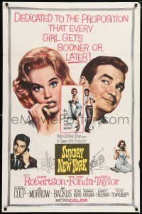 7h781 SUNDAY IN NEW YORK 1sh '64 art of Rod Taylor propositioning sexy Jane Fonda!