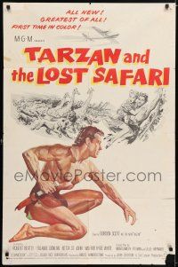 7h819 TARZAN & THE LOST SAFARI 1sh '57 cool artwork of Gordon Scott, first time in color!