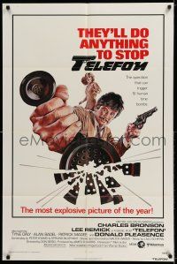 7h843 TELEFON 1sh '77 great artwork, they'll do anything to stop Charles Bronson!