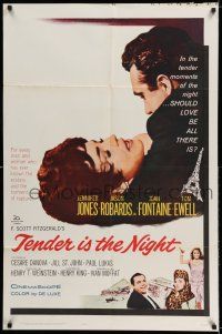 7h851 TENDER IS THE NIGHT 1sh '61 romantic close up of Jennifer Jones & Jason Robards Jr.!