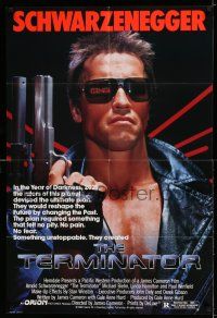 7h855 TERMINATOR 1sh '84 close up of classic cyborg Arnold Schwarzenegger with gun!
