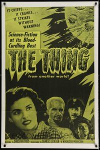 7h874 THING 1sh R57 Howard Hawks classic horror, it strikes without warning!