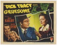 7j182 DICK TRACY MEETS GRUESOME LC #6 '47 Ralph Byrd looks at June Clayworth holding murder weapon!
