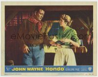 7j303 HONDO 3D LC #1 '53 close up of cowboy John Wayne handing pistol to pretty Geraldine Page!