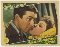 7j341 IT'S A WONDERFUL WORLD LC '39 super close up of Jimmy Stewart kissed by Claudette Colbert!