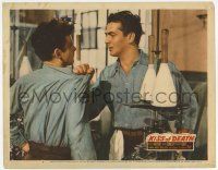 7j381 KISS OF DEATH LC #7 '47 close up of Victor Mature grabbing young guy, film noir classic!