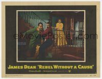 7j034 REBEL WITHOUT A CAUSE LC #2 '55 bad teen James Dean grabs dad Backus as scared mom watches!