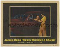 7j040 REBEL WITHOUT A CAUSE LC #8 '55 Natalie Wood wishes luck to James Dean in car at drag race!