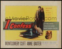 7k560 I CONFESS 1/2sh '53 Alfred Hitchcock, art of Montgomery Clift standing over Anne Baxter!