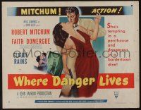 7k844 WHERE DANGER LIVES style A 1/2sh '50 classic art of Robert Mitchum grabs Faith Domergue w/gun!