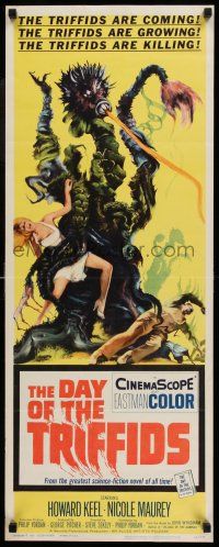 7k071 DAY OF THE TRIFFIDS insert '62 classic English sci-fi horror, cool art of monster with girl!