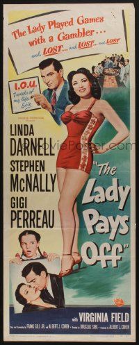 7k187 LADY PAYS OFF insert '51 sexy Linda Darnell in swimsuit gambles & loses, Stephen McNally!