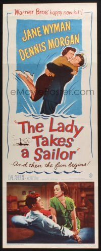7k188 LADY TAKES A SAILOR insert '49 Michael Curtiz, Jane Wyman with boat captain Dennis Morgan!