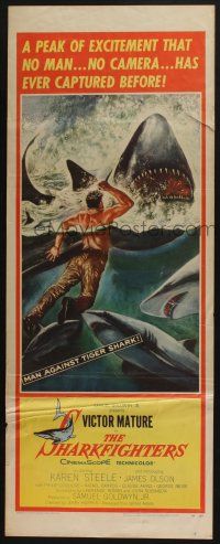 7k331 SHARKFIGHTERS insert '56 Victor Mature, cool artwork of man fighting sharks w/knife!