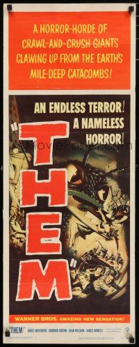 7k001 THEM insert '54 classic sci-fi, art of horror horde of giant bugs terrorizing people!