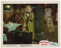 7m027 BUS STOP color 8x10 still '56 bewildered Marilyn Monroe with overcoat and suitcase!
