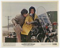 7m048 HAROLD & MAUDE color 8x10 still '71 Ruth Gordon & Bud Cort on motorcycle, Hal Ashby classic!