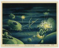 7m066 MYSTERIANS color 8x10 still #1 '59 art of alien ships destroying satellite by Lt. Col. Rigg!