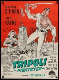 7p706 TRIPOLI Danish '52 different art of Maureen O'Hara & soldier John Payne in Africa by Wenzel!