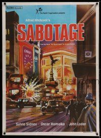 7p102 SABOTAGE Indian R70s Alfred Hitchcock, cool artwork of exploding bus in London!
