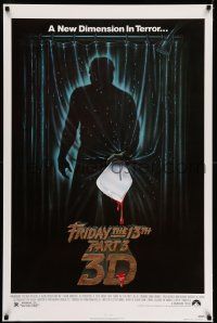 7r251 FRIDAY THE 13th PART 3 - 3D 1sh '82 slasher sequel, art of Jason stabbing through shower!