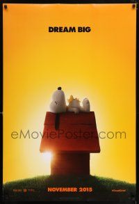 7r532 PEANUTS MOVIE style A teaser DS 1sh '15 wonderful image of Snoopy and Woodstock on doghouse!