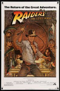 7r585 RAIDERS OF THE LOST ARK 1sh R82 great art of adventurer Harrison Ford by Richard Amsel!