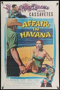 7t053 AFFAIR IN HAVANA 1sh '57 John Cassavetes in Cuba, art of Sara Shane in swimsuit on beach!