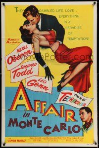7t054 AFFAIR IN MONTE CARLO 1sh '53 sexy Merle Oberon embraced by Richard Todd!