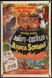 7t056 AFRICA SCREAMS 1sh R53 wacky art of Bud Abbott & Lou Costello and giant gorilla!
