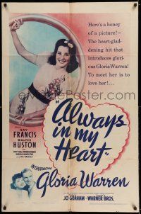 7t078 ALWAYS IN MY HEART 1sh '42 would-be star Gloria Warren featured over Kay Francis & Huston!