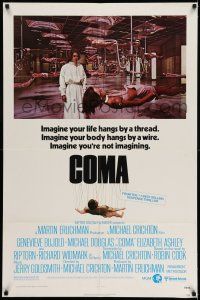 7t260 COMA 1sh '77 Genevieve Bujold finds room full of coma patients in special harnesses!
