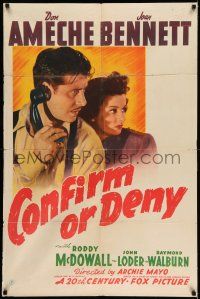 7t273 CONFIRM OR DENY 1sh '41 art of Don Ameche on phone & operator Joan Bennett in uniform!