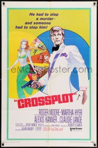 7t294 CROSSPLOT int'l 1sh '70 cool artwork of spy Roger Moore & sexy Claudie Lange!