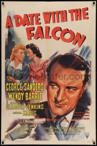 7t002 DATE WITH THE FALCON 1sh '41 art of detective George Sanders & Wendy Barrie + shooting gun!