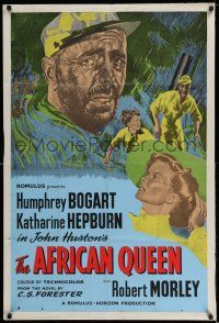 7t057 AFRICAN QUEEN English 1sh R50s colorful montage art of Humphrey Bogart & Katharine Hepburn!