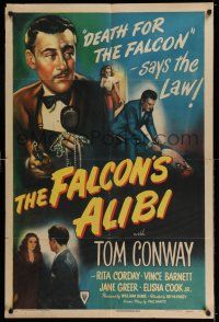 7t004 FALCON'S ALIBI 1sh '46 the law says death for detective Tom Conway, cool montage art!