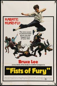 7t388 FISTS OF FURY 1sh '73 Bruce Lee gives you biggest kick of your life, great kung fu image!