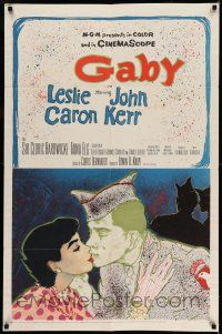 7t420 GABY 1sh '56 wonderful close up art of soldier John Kerr kissing Leslie Caron!